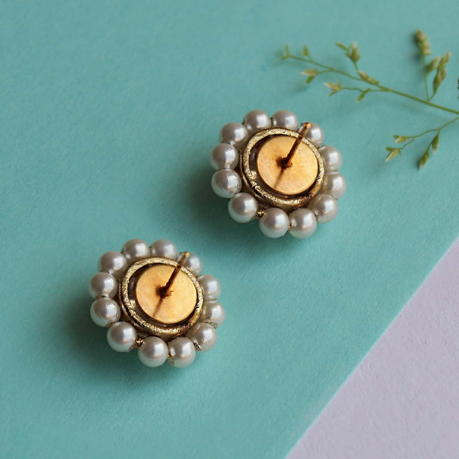 Round White Pearl Kundan Studs Handmade In India Kundan Earrings Small Cute Studs For Grils Gen Z Fashion Jewelry Kundan Round Earrings Pearl Studs Designer Indian Unique Earrings - Image 5