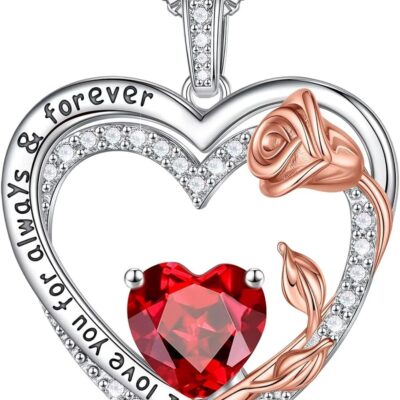 Iefil Rose Heart Birthstone Gifts for Women, 925 Sterling Silver Birthstone Necklace Mothers Day Valentines Day Anniversary Birthday Jewelry Gifts