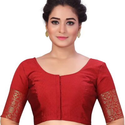 Round Neck Readymade Stitched Brocade Weaving Saree Blouse Poly Silk Fabric Sari Choli Wedding Top Women