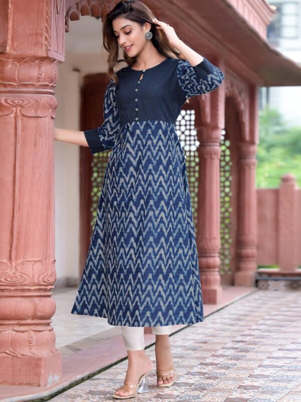 Yash Gallery Women's Cotton Kantha Chevron Calf Length 3/4 Sleeve Indian A-Line Kurta Dresses - Image 3