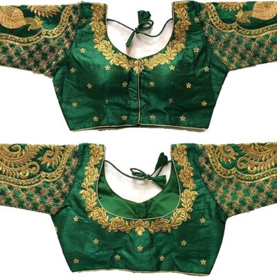 Phantom Silk Embroided Handwork Saree Sari Blouse Half Sleeves Readymade for Women Black-32