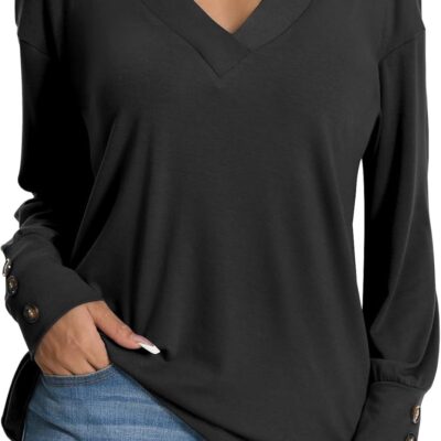 Women's 2024 V Neck Buttons Down Long Sleeve T Shirts Casual Loose Tops Fall Fashion Basic Blouses