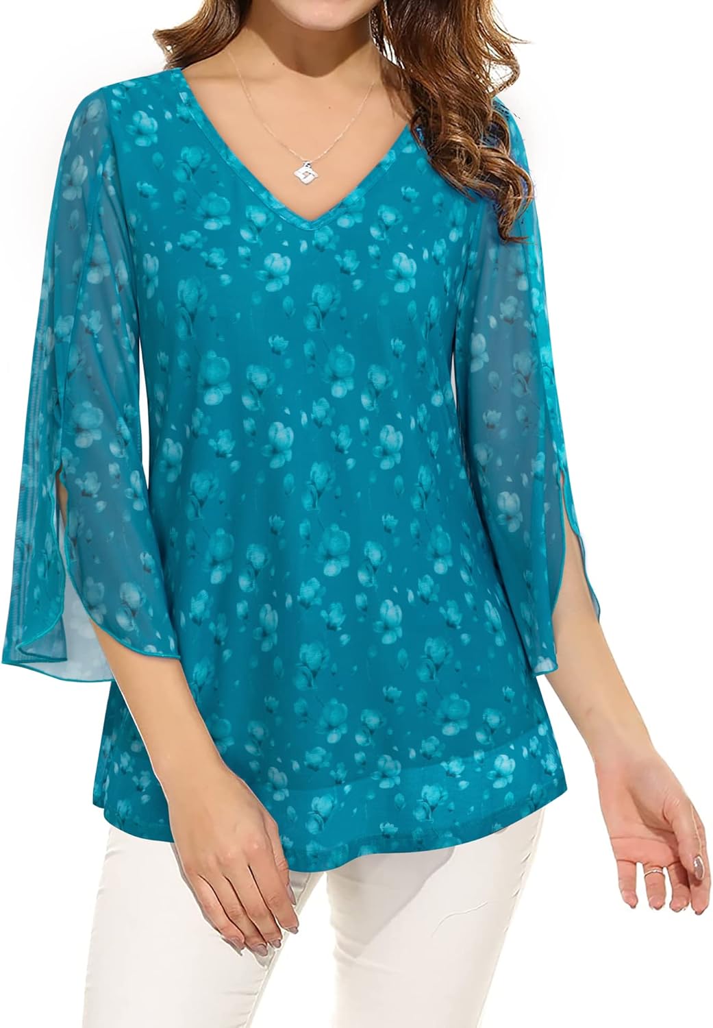 Bebonnie Womens Ruffle 3/4 Sleeve V Neck Double Layers Mesh Blouses Loose Fit Flowy Tunic Tops - Image 2