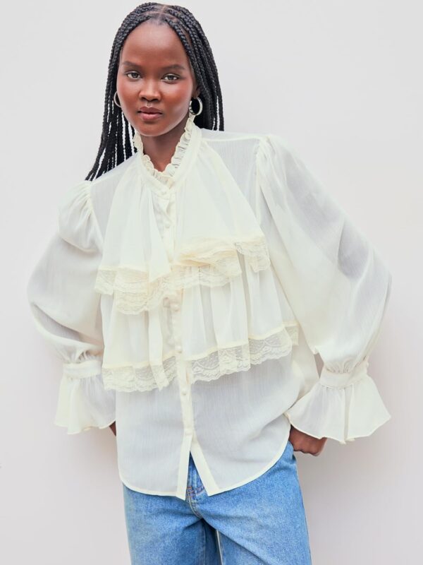 CIDER Chiffon High Neck Soild Lace Faux Pearl Long Sleeve Blouse - Image 4