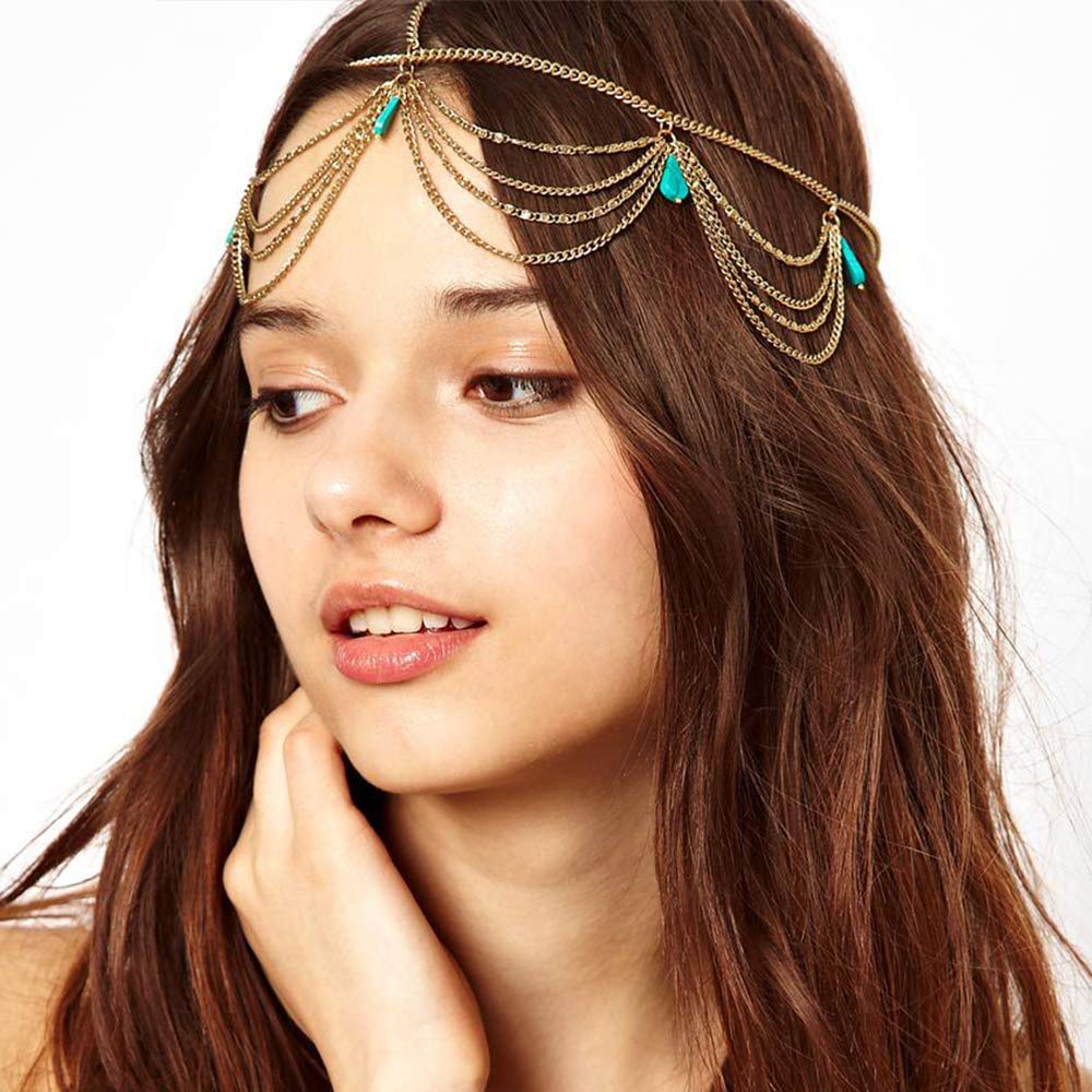 Gold Head Chain Sequins Rhinestone Headband Crystal Bohemian Hair Bands Halloween Hair Hoop Women Bridal Boho Hippie Hairband Party Decoration Cosplay Costume Handmade Headpiece Hair Jewelry 4 Pack - Image 5