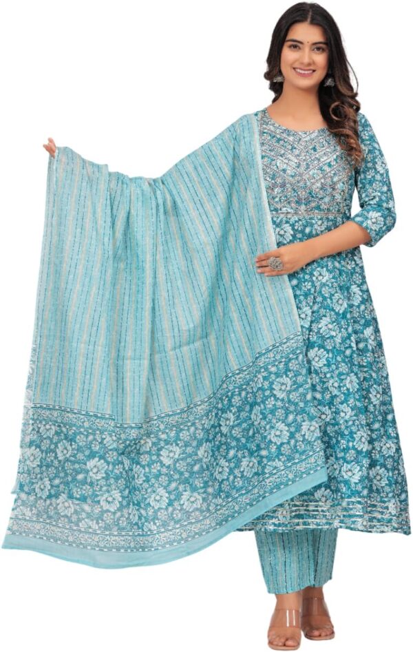Women's Cotton Printed Anarkali Kurta with Palazzo Pants and Dupatta Set