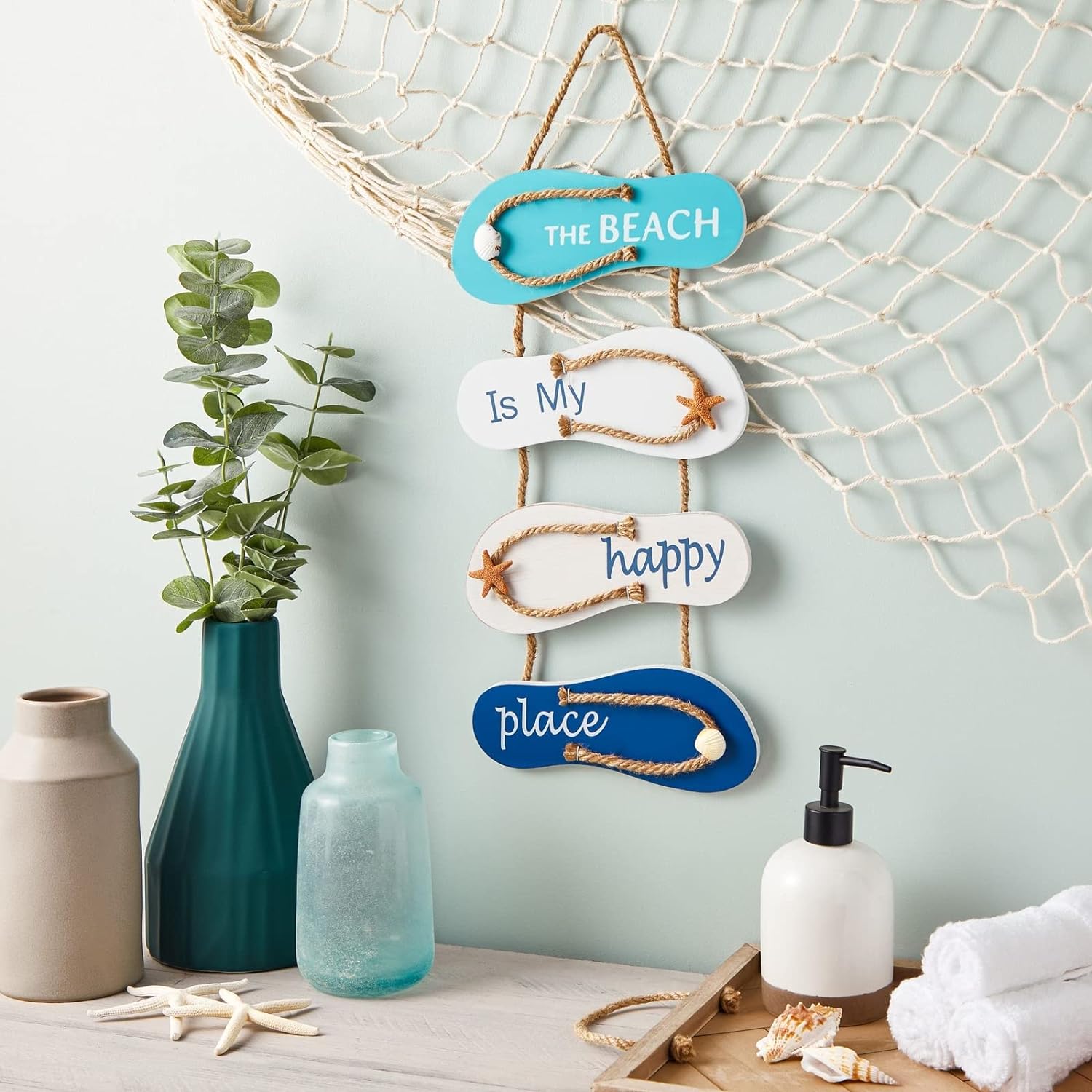 Juvale Wooden Beach Wall Hanging Decor Sign, Flip Flop Beach Decorations for Home, Bathroom, Living Room, Bedroom and Dining Room, The Beach is My Happy Place (8.7x20.9 In) - Image 2