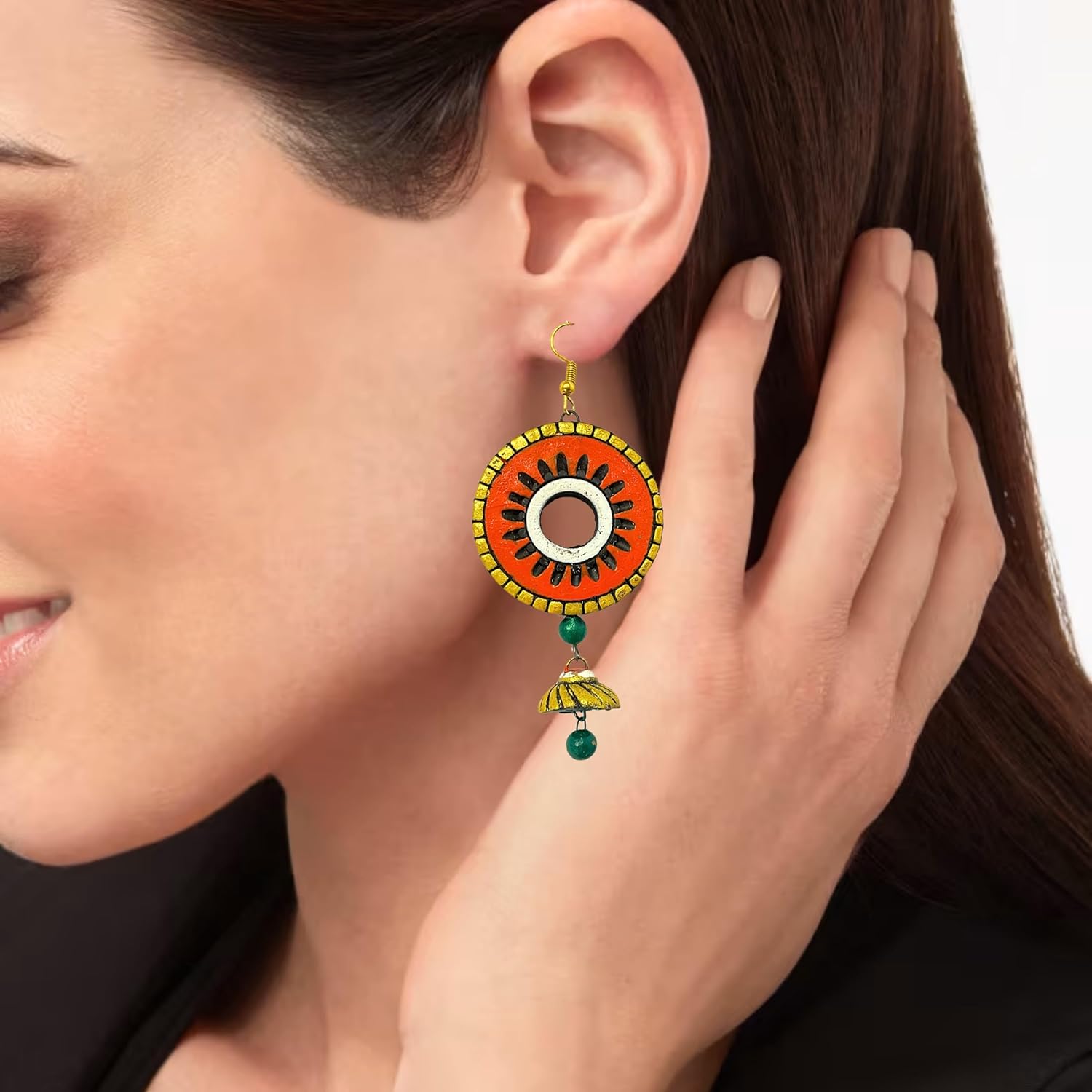 Ethnic Handmade Handcrafted Terracotta Attractive Indian Jhumki Earring Jewellery Set for Women hook earrings (ORANGE ROUND) - Image 3