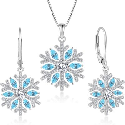 STARCHENIE Snowflake Pendant Necklace Dangle Earrings for Women 925 Sterling Silver Created Aquamarine Winter Jewelry Set