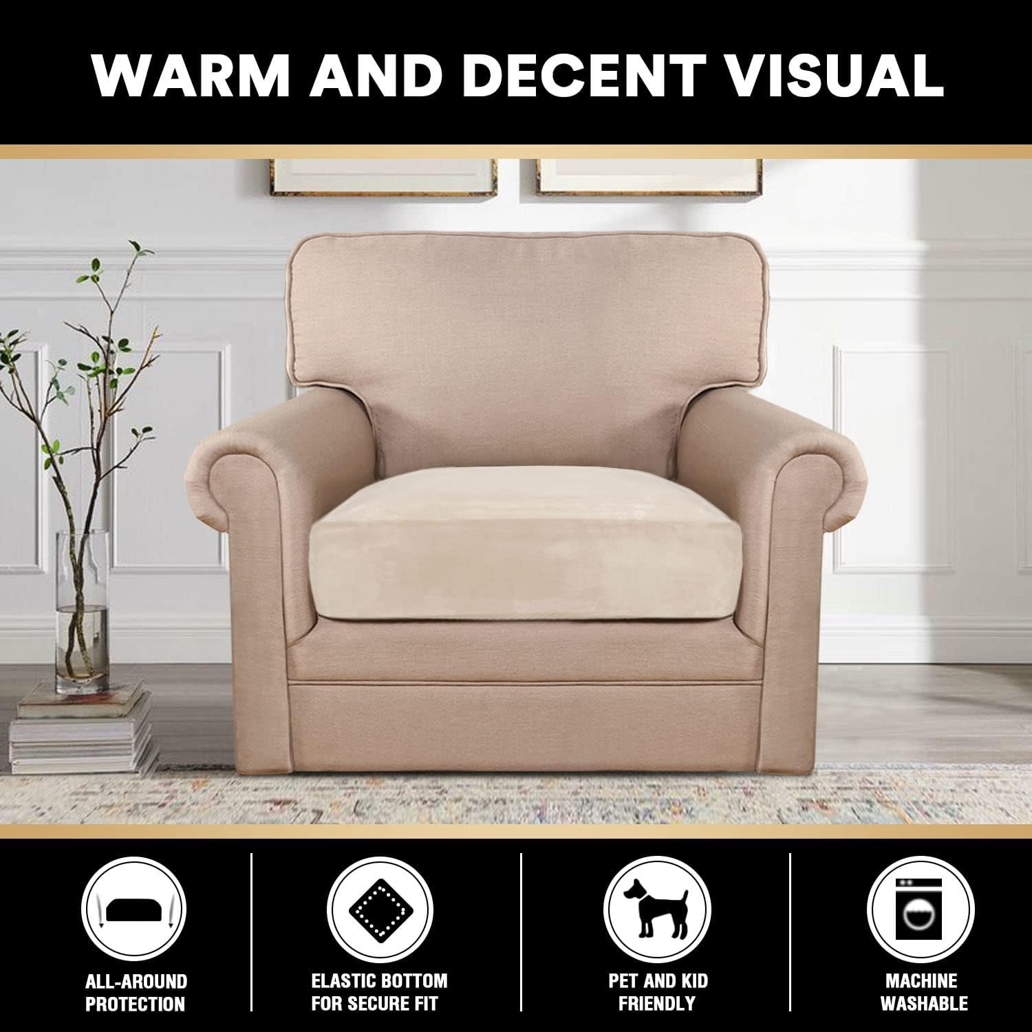 PrinceDeco Stretch Velvet Couch Cushion Covers for Individual Cushions Sofa Cushion Covers Seat Cushion Covers, Sofa Covers Washable, Couch Seat Cushion Covers for Sectional Couch(1 Piece, Ivory) - Image 3