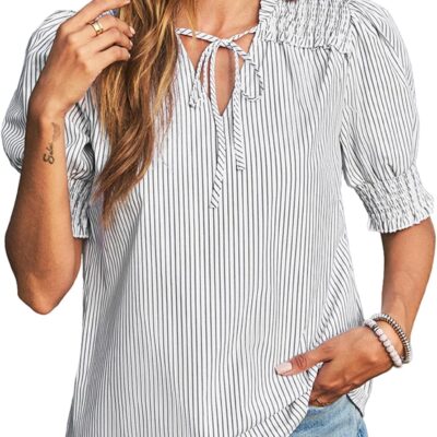 Dokotoo Womens V-Neck Puff Sleeve Shirts Dressy Casual Tunic Tops Drawstring Smocked Striped Blouse