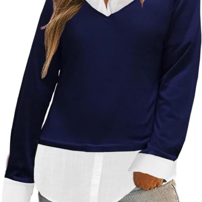 Oyamiki Women's Casual Collared Curved Hem 2 in 1 Pullover Tops Plaid Contrast Shirt Blouse