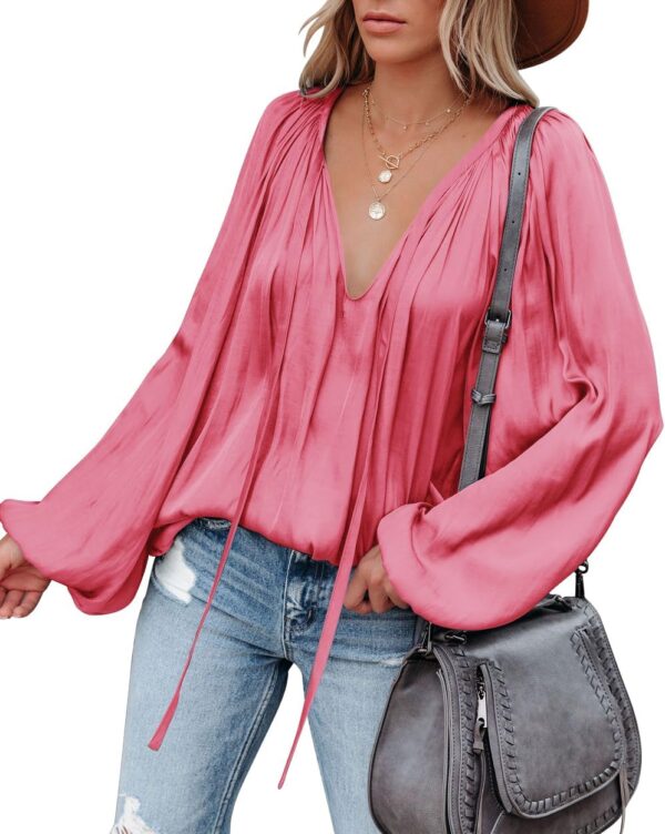 LAMISSCHE Womens Sexy Deep V Neck Blouse Lantern Long Sleeve Chiffon Shirt Oversized Drawstring Silk Satin Tunic