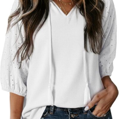 Dokotoo Womens Tops V Neck Dressy Casual Embroidered Blouses Waffle Knit 3/4 Sleeve Shirts