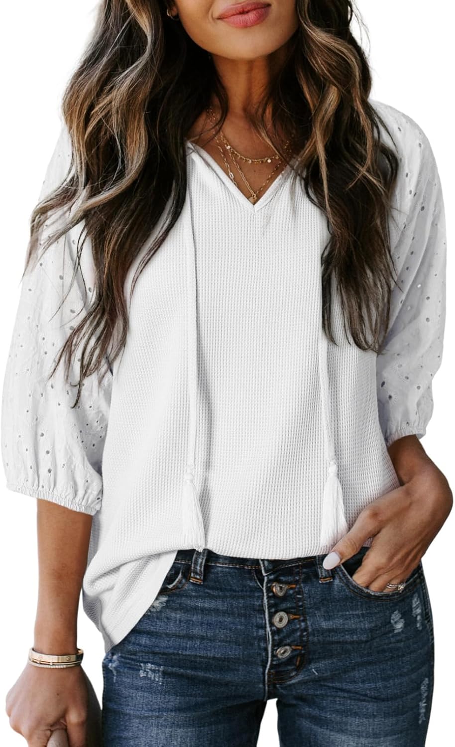 Dokotoo Womens Tops V Neck Dressy Casual Embroidered Blouses Waffle Knit 3/4 Sleeve Shirts