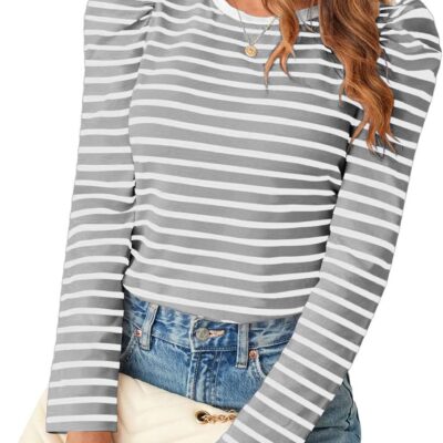 Women's Striped Long Sleeve Shirt Crew Neck Puff Sleeve Top Casual Blouses
