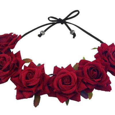 Floral Fall Rose Red Rose Flower Crown Woodland Hair Wreath Festival Headband F-67 (3-Burgundy)