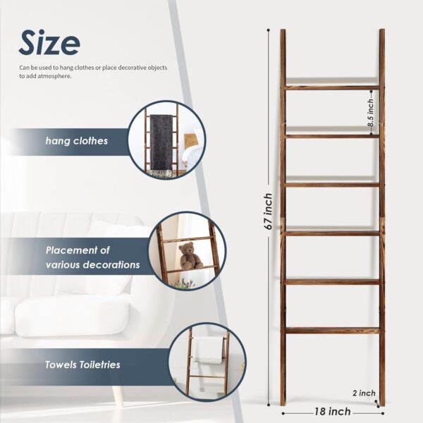 6-Tier Blanket Ladder Wooden, 5.7FT(66.5'') Blanket Quilt Towel Holder Rack Decorative Ladder, Easy Assembly, Rustic Farmhouse Ladder Shelf for The Living Room Bedroom Bathroom Home Decor, Brown - Image 4