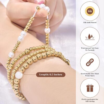 Gold Bracelets for Women, 14K Gold Plated Beaded Bracelets Gold Stretch Bead Ball Bracelet stack Set Adjustable Gold Jewelry Fashion Accessories for Thanksgiving Christmas Birthday