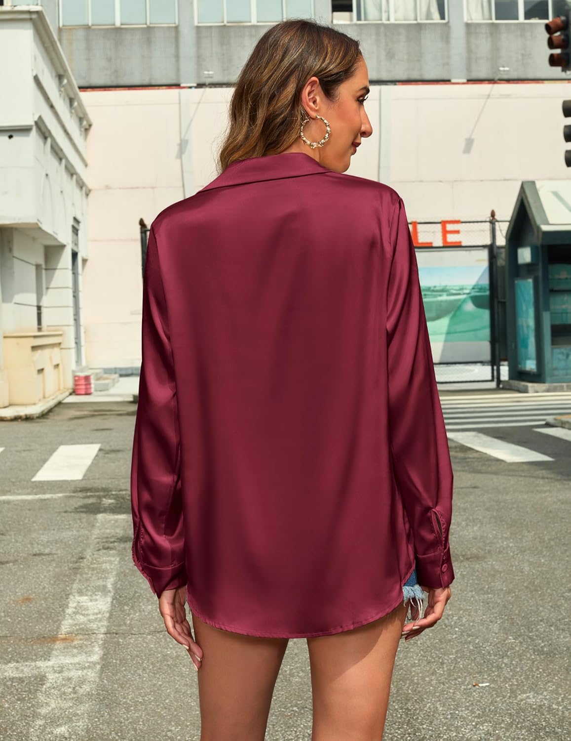 HOTOUCH Women's Satin Silk Shirts Button Down V Neck Dressy Casual Blouse Loose Long Sleeve Office Work Tunic Tops - Image 5