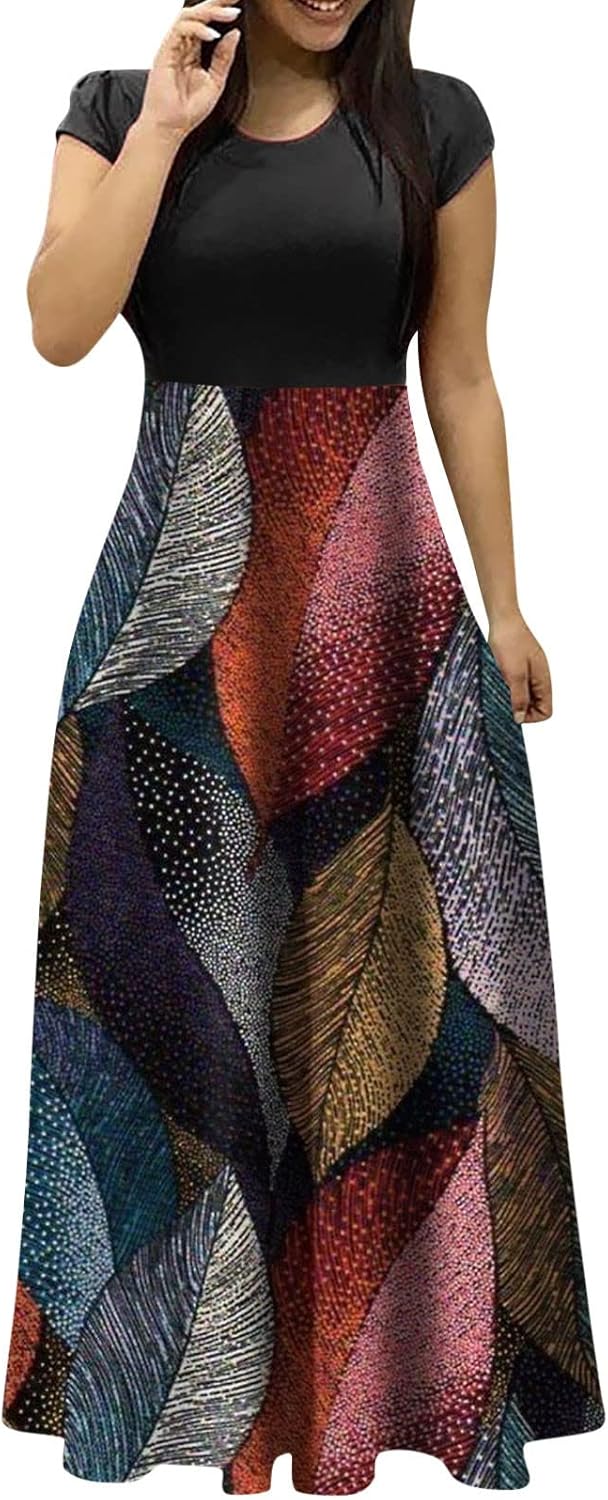 Ethnic Print Dress Women's Classic Short Sleeve Dressy O Neck Large Size Trendy Large Size Floral Printting Dresses