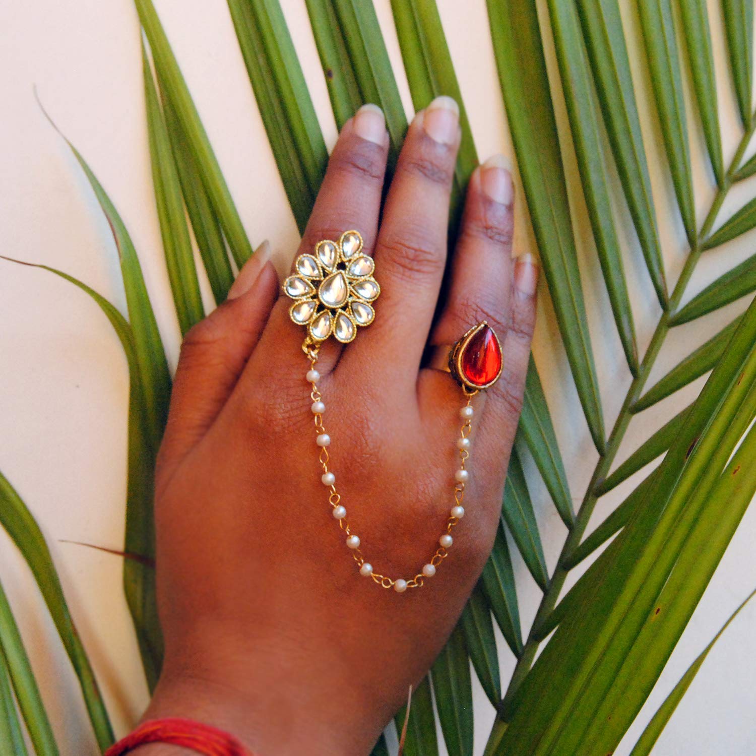 Red Pear Shape Kundan 2 Finger Ring Linked With Pearl Chain. Adjustable Double Rings. Teardrop White Kundan Flower. Ethnic Fashion Jewelry Handmade Unique Traditional Jewelry Pearl Ring Flower Ring - Image 2