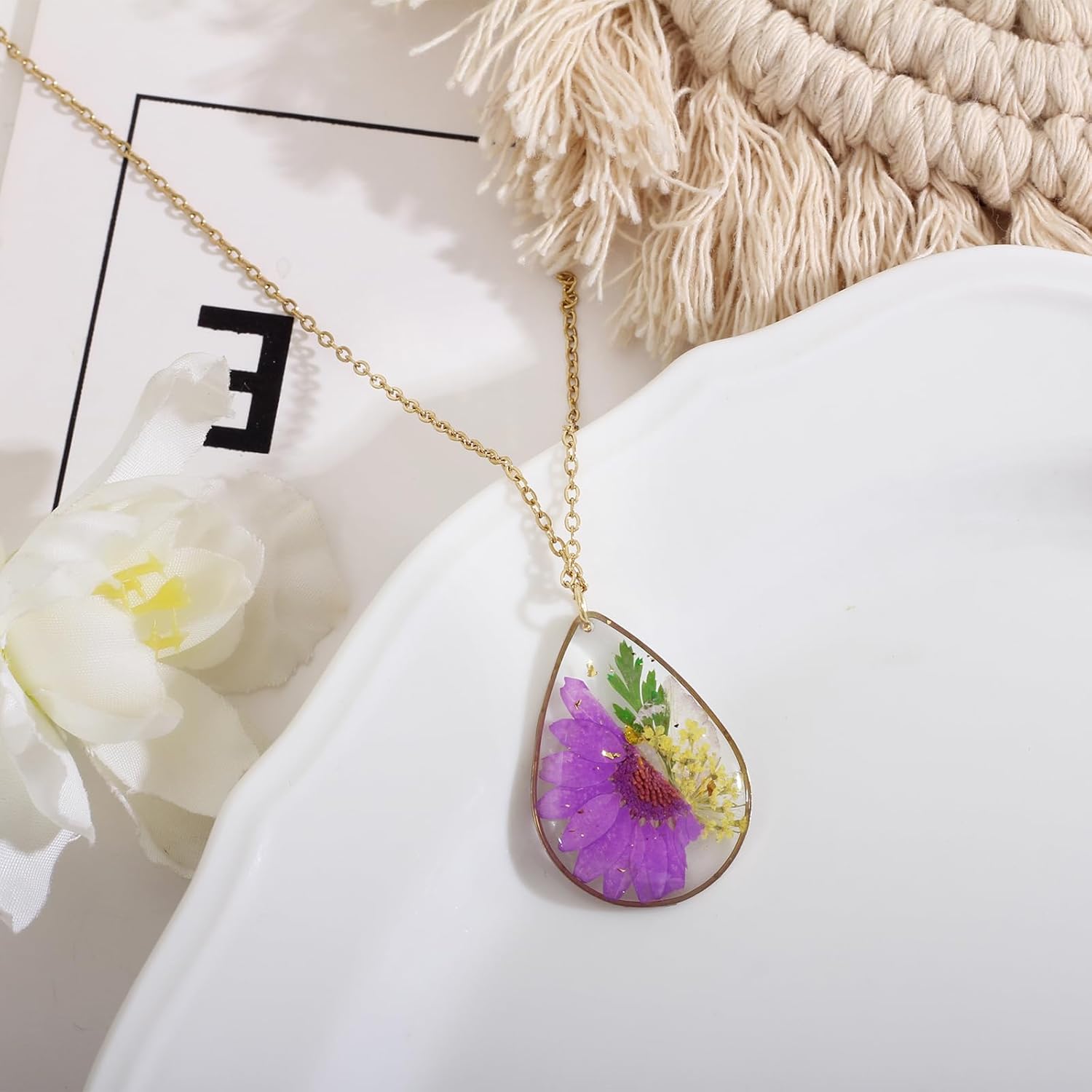 Handmade Pressed Flower Necklace - Birth Flower Necklace - October Flower Language - Elegant & noble - Great Gift for Women - Gold - 18” - Image 2