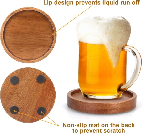 6 Pcs Best Wooden Coasters with Holder Coffee Table Coasters for Drink Acacia Wood Coaster Set Modern Cup Coasters Home Dining Table Decor Cute Beer Bar Coasters Decorative Rustic Outdoor Coasters - Image 4