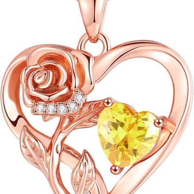 Infinity Rose Flower Heart Necklaces for Women 925 Sterling Silver Anniversary Jewelry for Her Love Gifts for Wife Sister Grandma Mom Mothers Day Valentines Birthday Christmas Rose Gold Birthstone