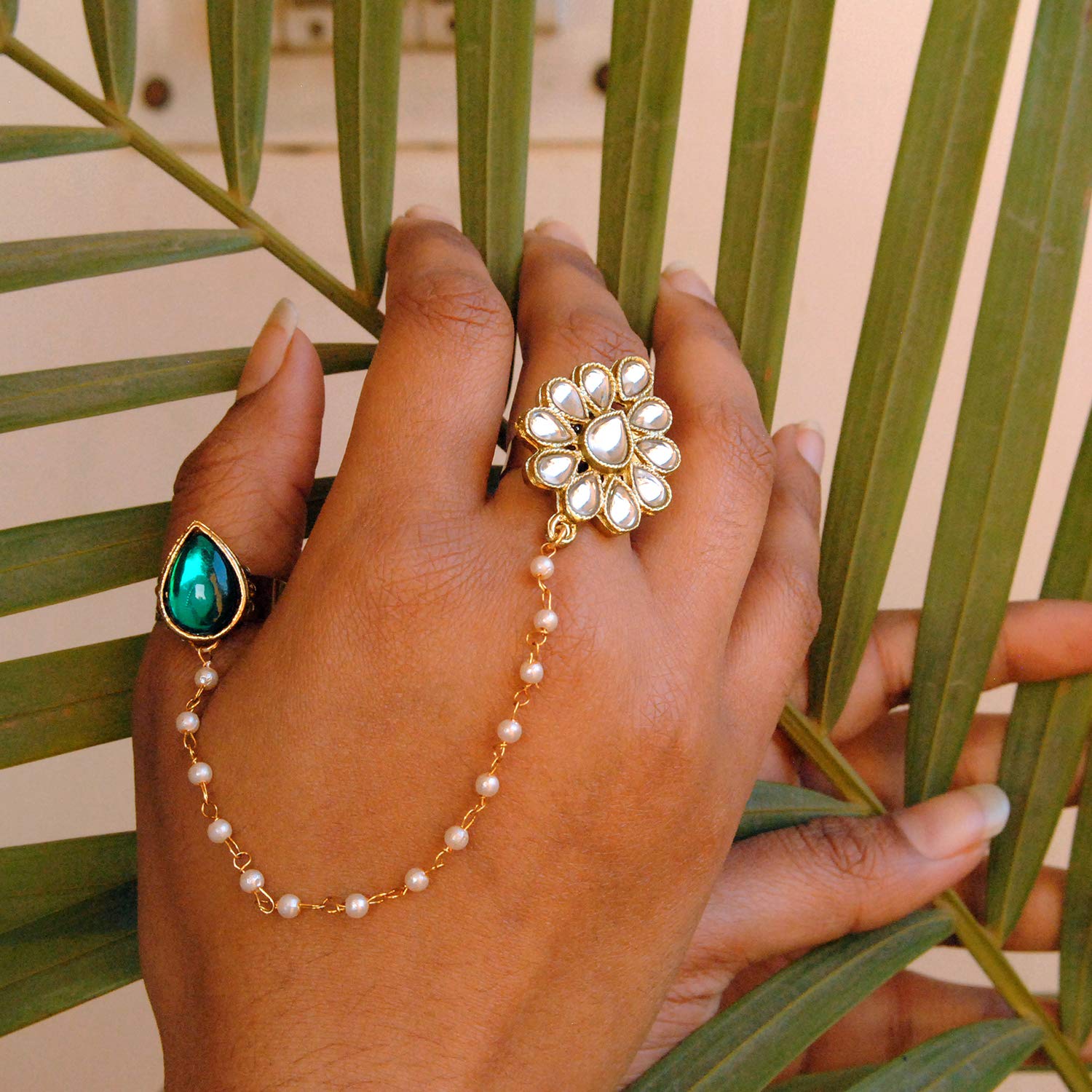 Green Pear Shape Kundan 2 Finger Ring Linked With Pearl Chain To Floral Shape Kundan, Adjustable Double Rings, Handmade Designer Bollywood Style Adjustable Two Finger Rin - Image 2