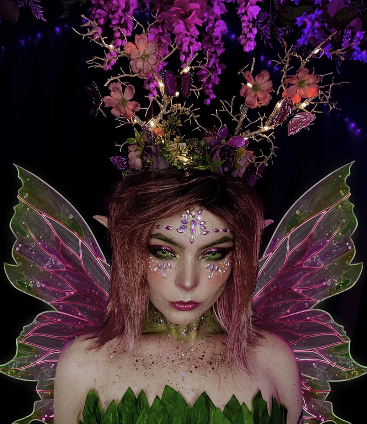 MOSTORY Purple Flower Branch Headband - Light up Woodland Hairband with Butterfly Forest Antler Headpiecde for Women Renaissance Faire Cosplay Halloween Prom - Image 2