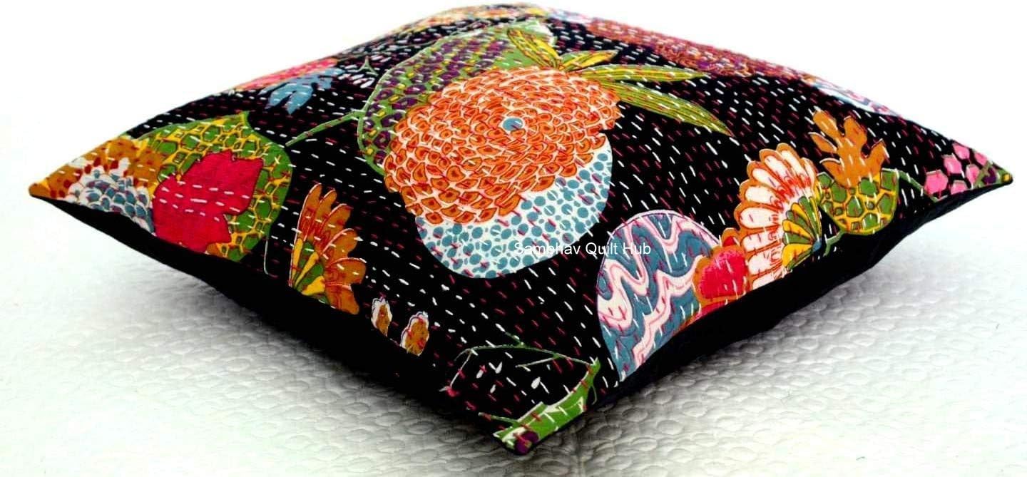 Handloom Kantha Stitch Floral Cotton Mandala Pillow Cover for Living Room, Ethnic Art Cushion Cover for Sofa, Couch, Bedroom, Car Cushion Cover (Black, 12X12 inch) - Image 2