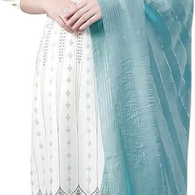 Rayon Straight White With Light Blue Hand Embroidered Kurta Pant Set With Dupatta For Women