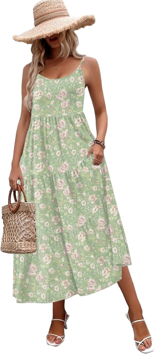 Zeagoo Womens Summer Long Dress Adjustable Spaghetti Strap Floral Casual Dress with Pockets Flowy Tiered Beach Sundress