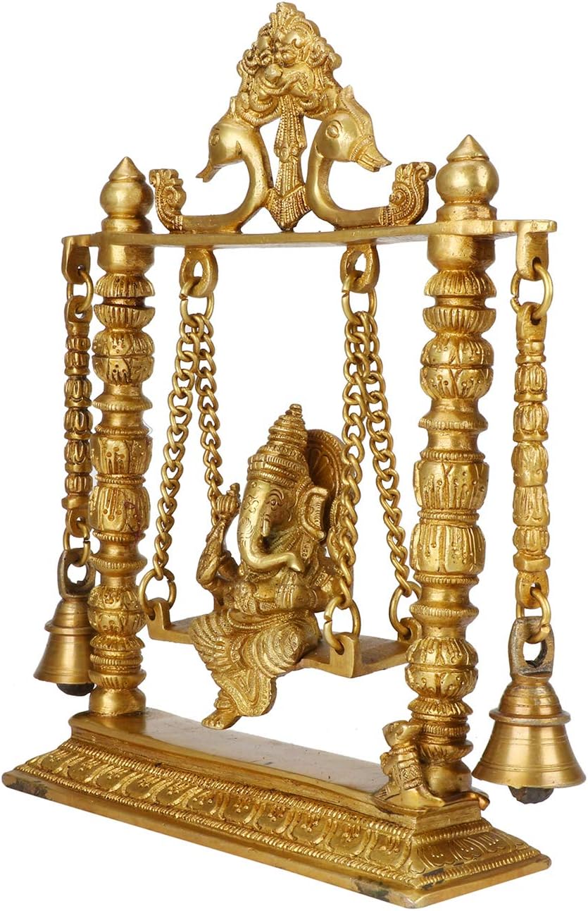 Kartique Brass Ganesh Jhula Idol on Swing - 10" Height, Antique Finish, Ideal for Home Decor, Puja, and Gifting - Image 3