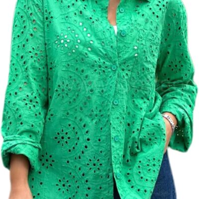 YKR Womens Eyelet Tops Long Sleeve Button Down Blouse Casual Dressy Hollow Out Lace Button Up Shirt