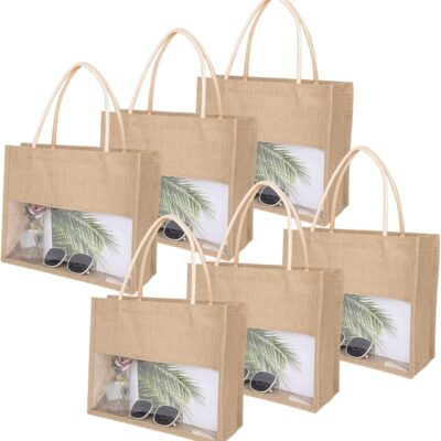 TopTie 6 PCS Burlap Tote with Transparent PVC Film Window, Jute Beach Tote Reusable Grocery Bags Bulk