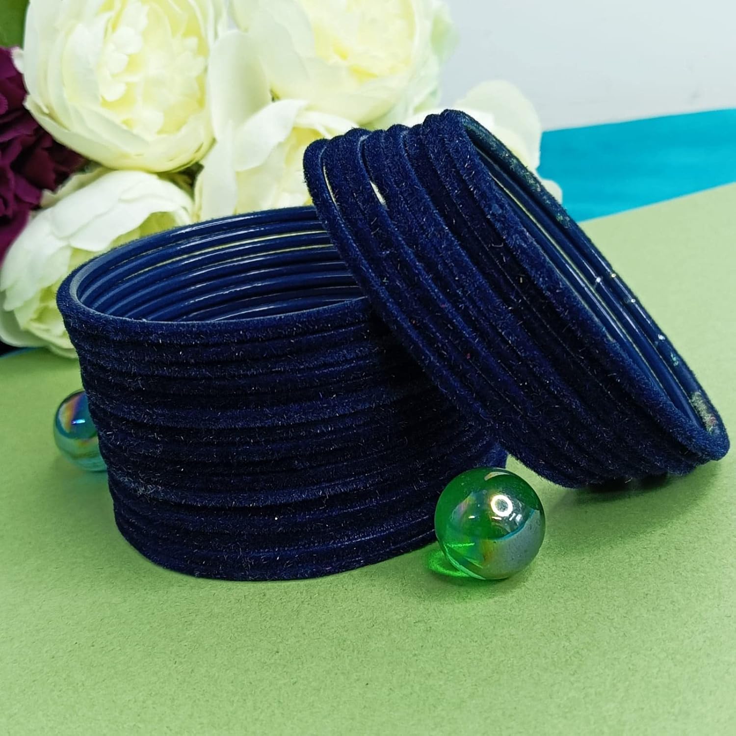 Efulgenz Metal Bangles Indian Velvet Bangles For Women Bollywood Banglesjewelry Two Dozen Wedding Bangles Set Plain Metal Velvet Bangles Bracelets Bridal Bangle Set Fashion Costume Accessories - Image 2