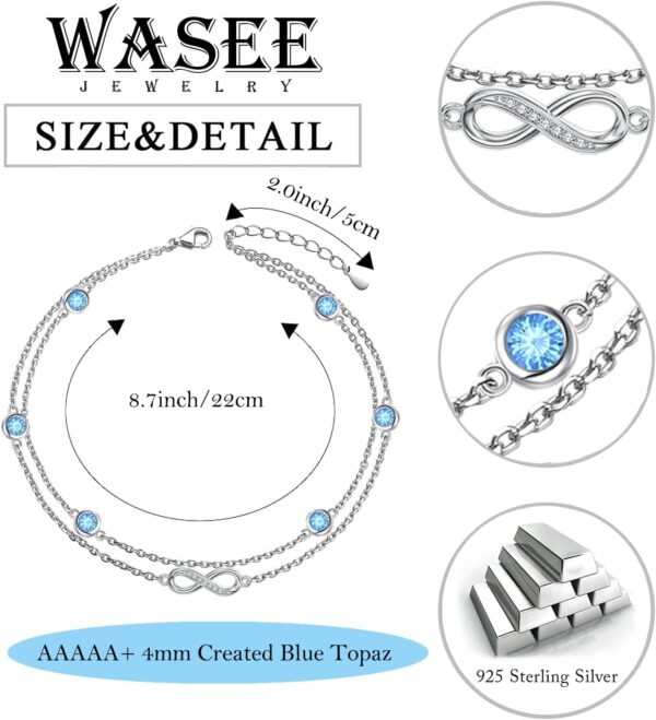 WASEE Bracelet/Anklet for Women 925 Sterling Silver Birthstone Bracelet Birthday Adjustable Anklets Jewelry for Women - Image 4