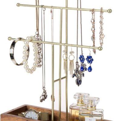MyGift Handmade 3-Tier Brass Metal Jewelry Tree Organizer Stand and Ring Tray with Solid Acacia Wood Base, T Bar Necklace and Bracelet Display Rack, Handcrafted in India