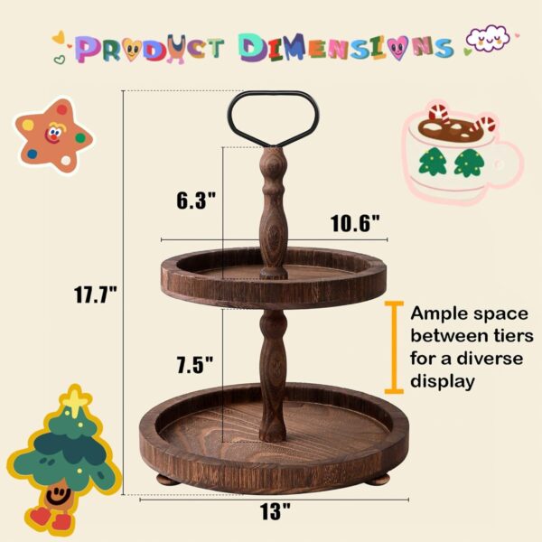 2 Tiered Tray, Rustic Round Farmhouse Style Decorative Tray, Dessert Stand Kitchen Island Decor, Wooden Serving Tray for Coffee Food Fruits Cupcakes, Home Decor Holiday Display, Dark Wood - Image 3