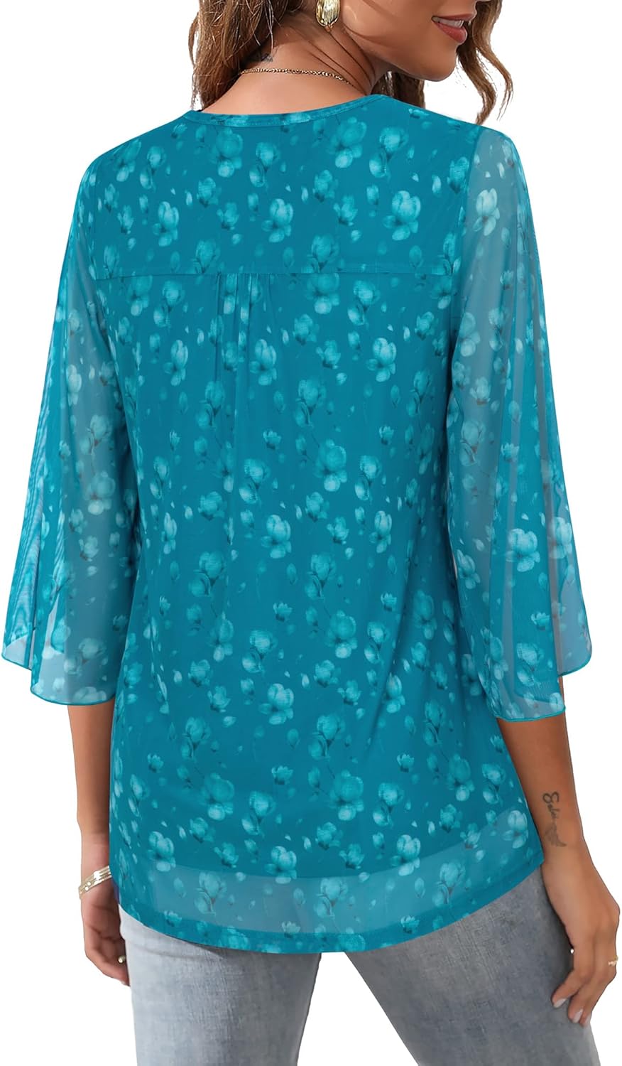 Bebonnie Womens Ruffle 3/4 Sleeve V Neck Double Layers Mesh Blouses Loose Fit Flowy Tunic Tops - Image 4