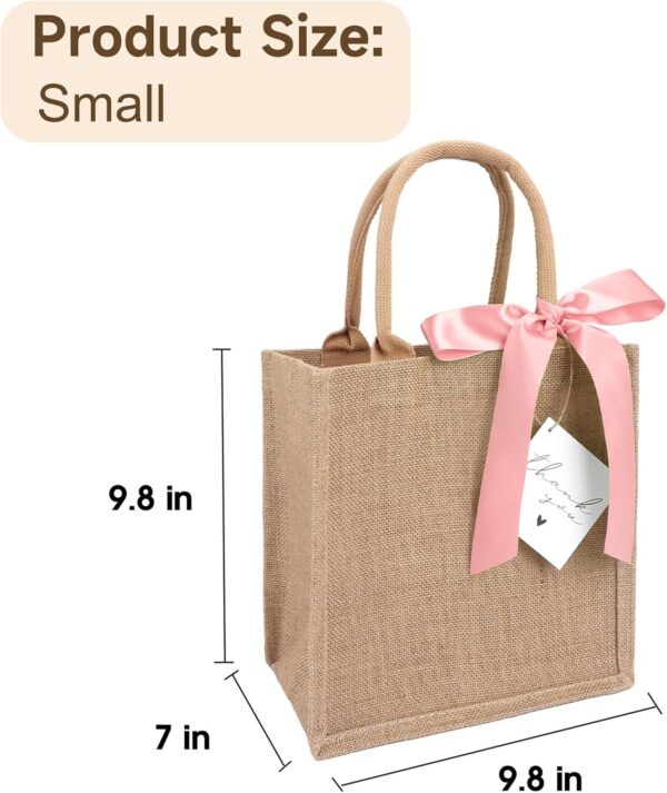 6 Pack Burlap Tote Bags with Handles Reusable Small Jute Gift Bags with Pink Silk Ribbons Waterproof Lining for Wedding Bridesmaid Mother's Day Bachelorette Beach Party - Image 4