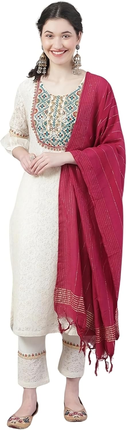 Women's Cotton Straight Off White With Red Hand Embroidered Kurta Pant Set With Dupatta