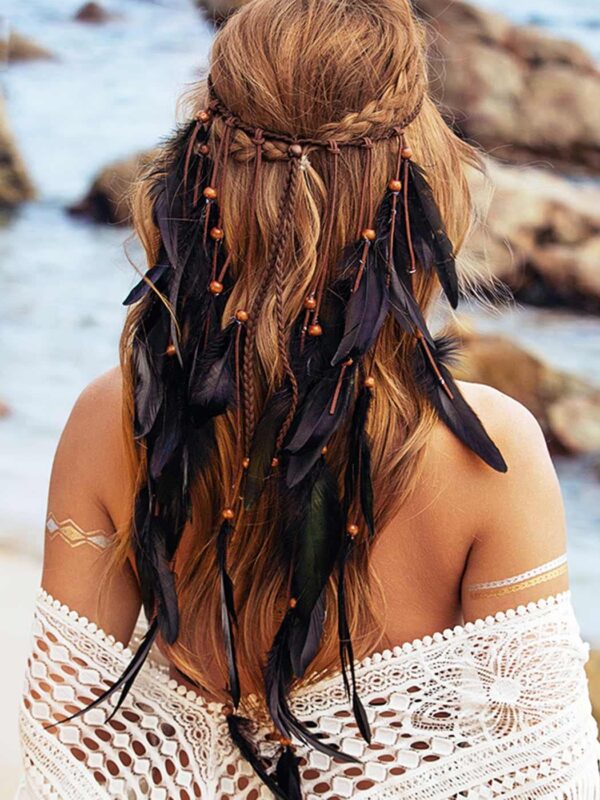 Boho Feather Headbands Indian Headdress Gypsy Feather Headpiece Black Hippie Headband Adjustable Long Feather Hair Accessories for Women and Girls