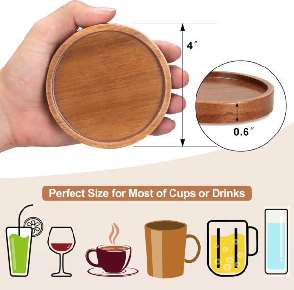 6 Pcs Best Wooden Coasters with Holder Coffee Table Coasters for Drink Acacia Wood Coaster Set Modern Cup Coasters Home Dining Table Decor Cute Beer Bar Coasters Decorative Rustic Outdoor Coasters - Image 7