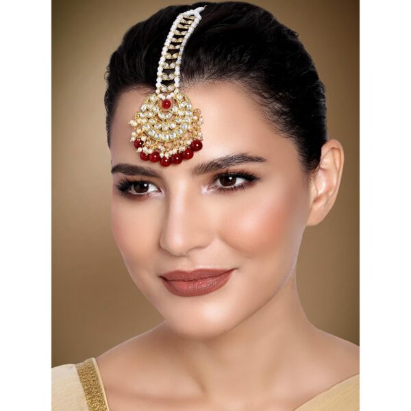 Aheli Faux Kundan Maang Tikka Matha Patti Indian Traditional Bollywood Jewelry for Women Girls Maroon - Image 2