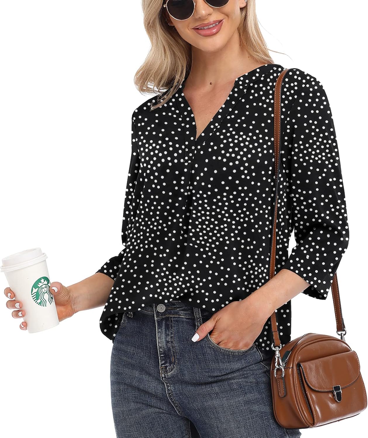 VIISHOW Womens Tops Casual Chiffon Blouses Tops 3/4 Sleeve V Neck Tunic Top Loose Shirt - Image 2