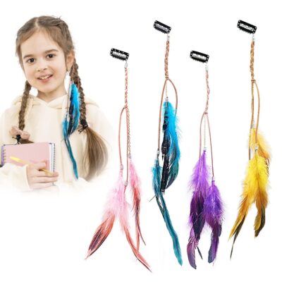 Bohemia Tribal Indian Gypsy Peacock Feather Hair Accessories (4Pcs): Braided Headpiece with Beads for Women, Perfect for Carnival, Festival, and Cosplay