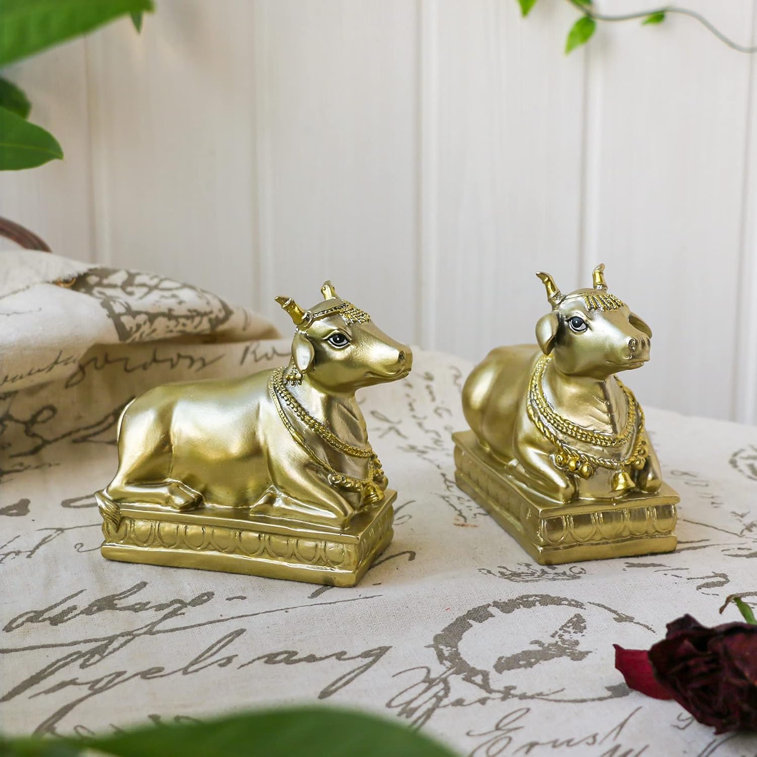 Hindu Nandi Holy Cow Statues - 2PCS Gold Nandi Cow Sitting Position Statue for House Temples Puja Home Decor Diwali Gift - Image 3